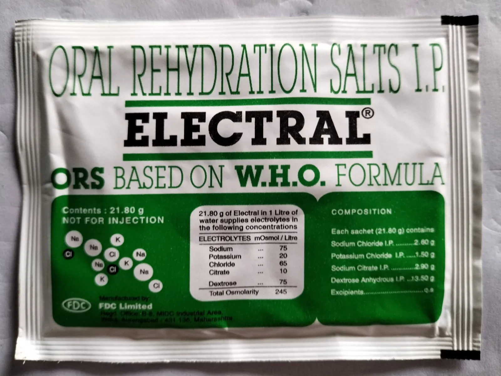 Electral oral rehydration salts sachet with the label ORS based on WHO formula and its composition table